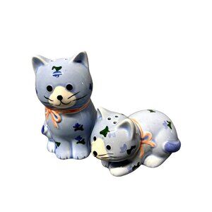 Blue Otagiri Cat Salt & Pepper Shakers Hand-Painted Ceramic Set Floral Vtg